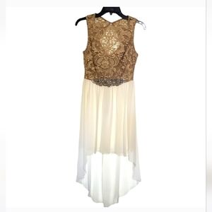 Jodi Kristopher Junior's Formal Dress in Gold Lace and White Hi Lo Bottom